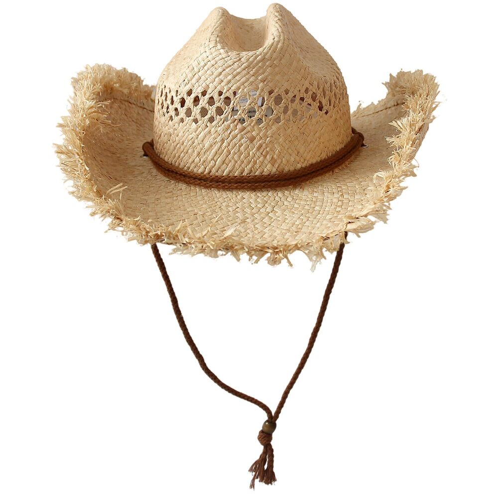 8587 ’s Woven Straw Cowboy Hat Cowgirl Sun Beach Hat Wide Brim Western